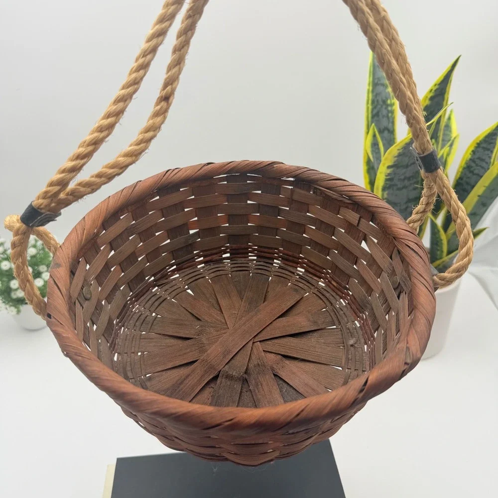 Vintage Woven Bamboo Basket with Rope Handles Made in Japan Dark Reddish Brown